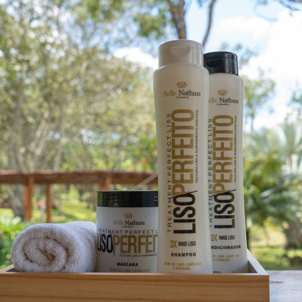 Kit Liso Perfeito Shampoo Condicionador Máscara 500 ml - Belle Nathuss