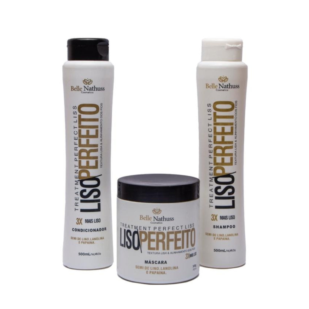 Kit Liso Perfeito Shampoo Condicionador Máscara 500 ml - Belle Nathuss
