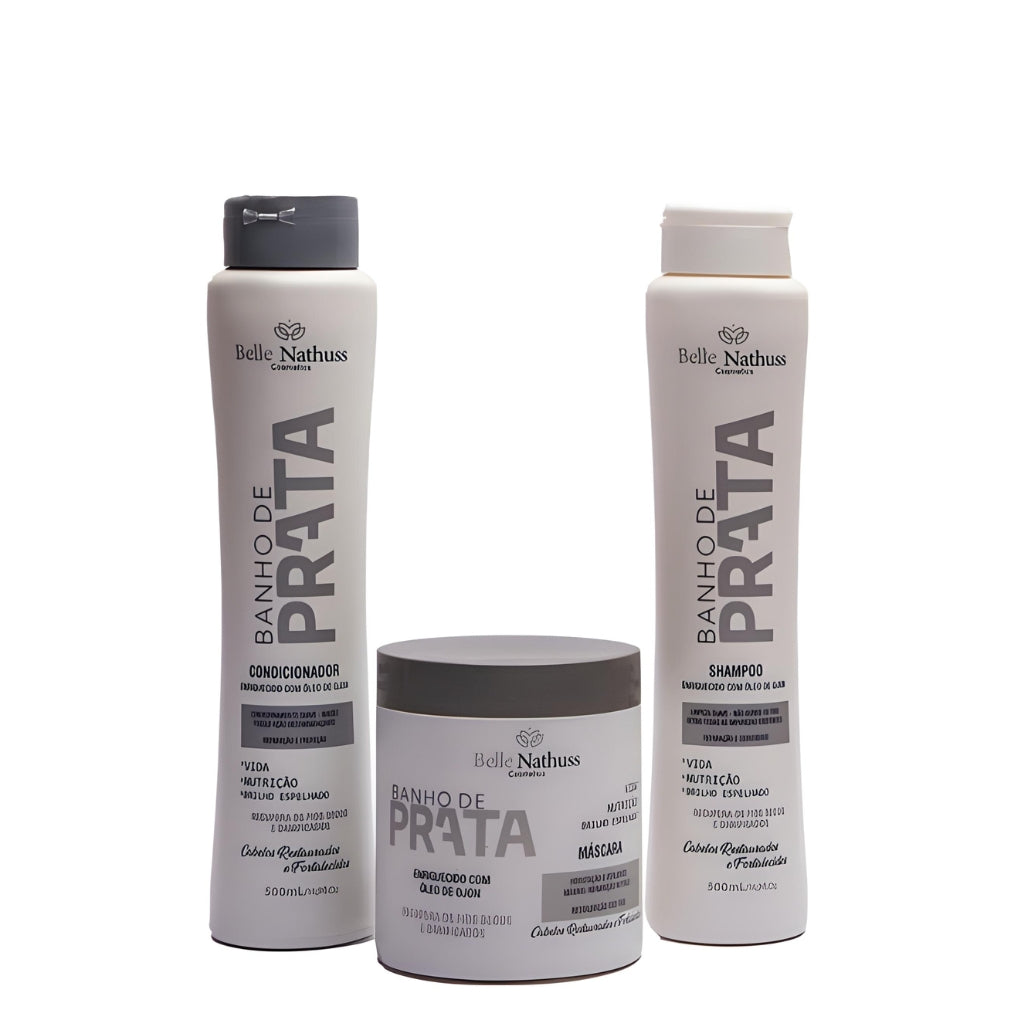 Kit Banho de Prata Shampoo Condicionador Máscara 500 ml - Belle Nathuss