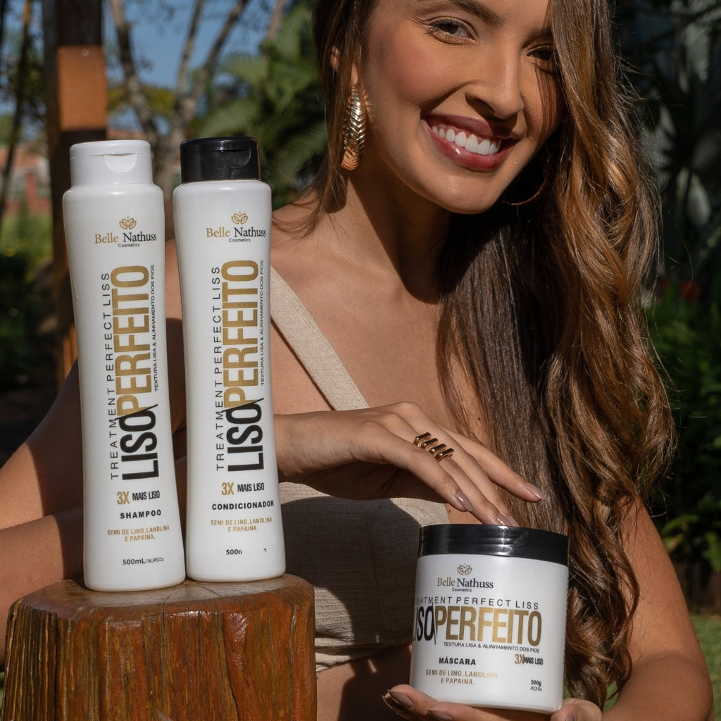 Kit Liso Perfeito Shampoo Condicionador Máscara 500 ml - Belle Nathuss