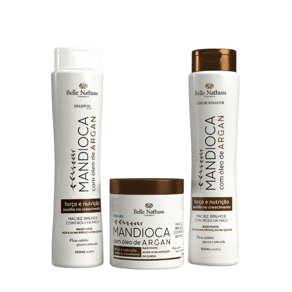 Kit Mandioca Óleo De Argan Shampoo Condicionador Máscara 500 ml - Belle Nathuss