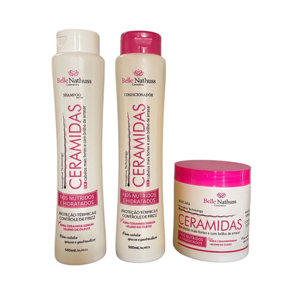 Kit Ceramidas Shampoo Condicionador Máscara 500 ml - Belle Nathuss