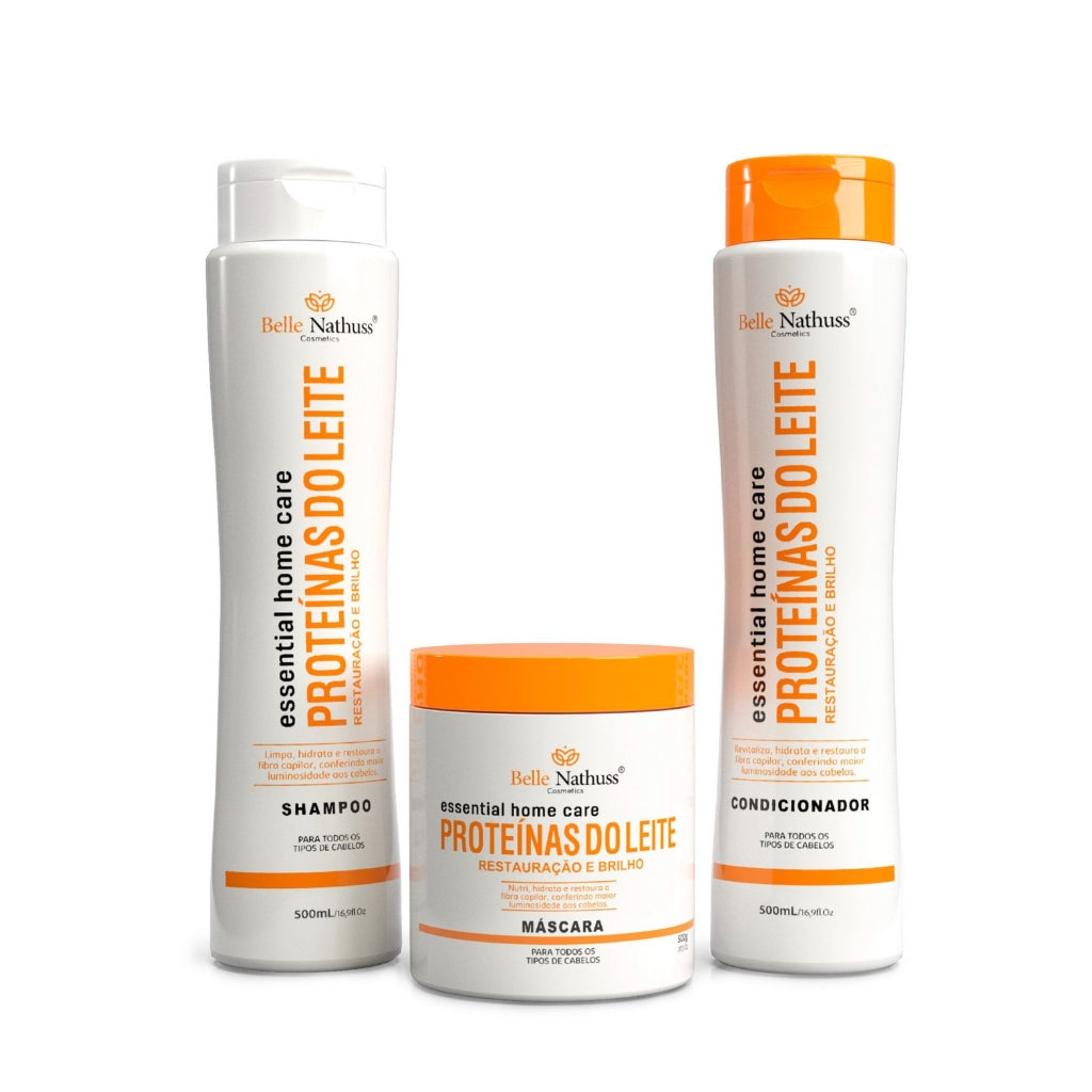 Kit Proteina do Leite Shampoo Condicionador Máscara 500 ml - Belle Nathuss