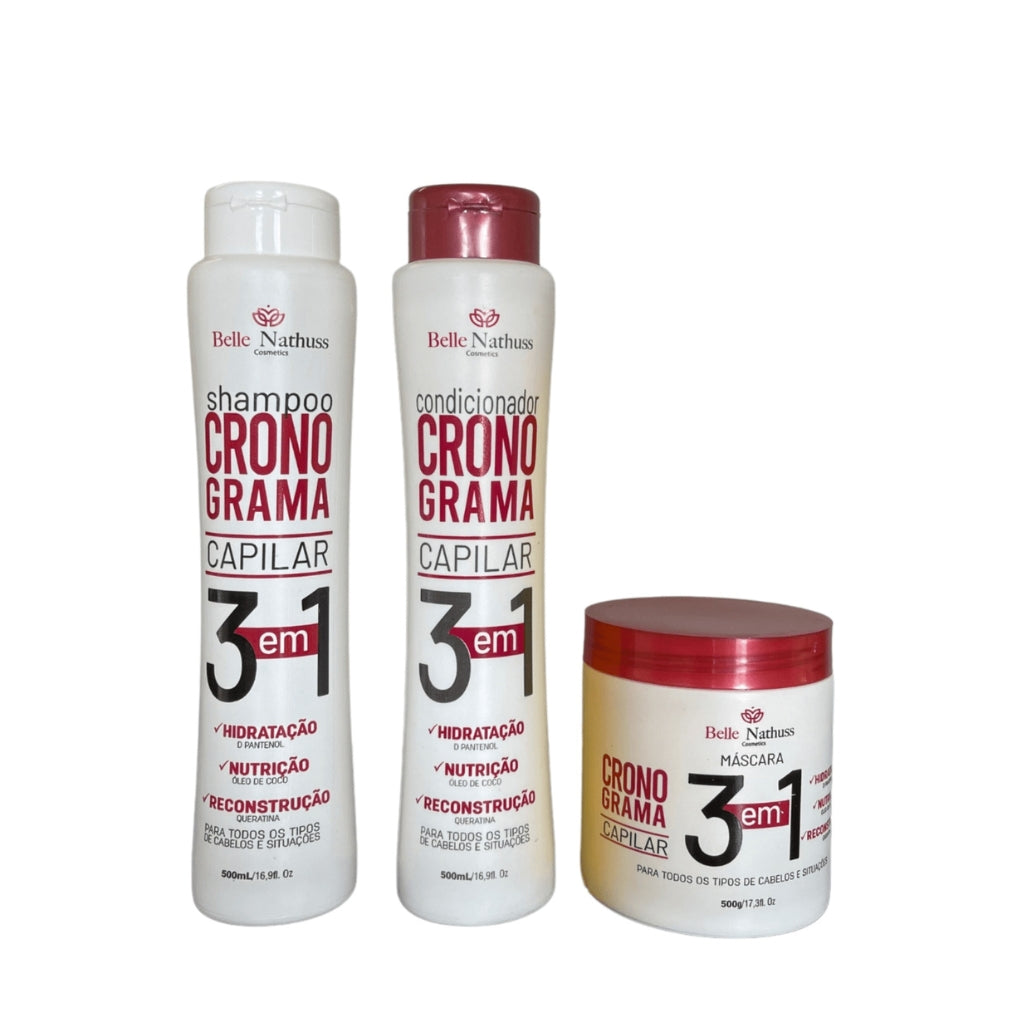 Kit Cronograma Capilar Shampoo Condicionador Máscara 500 ml - Belle Nathuss