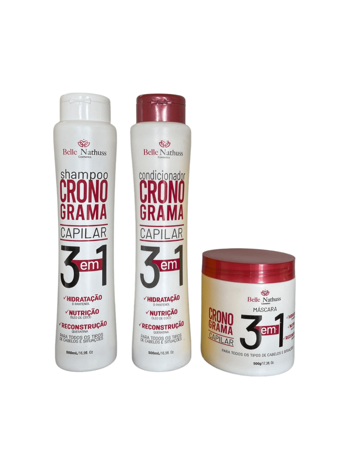 Kit Cronograma Capilar Shampoo Condicionador Máscara 500 ml - Belle Nathuss
